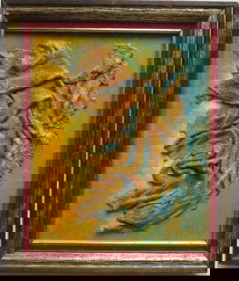 Victor Moreau, Herold, Surreal Painting, Mixed Media, 1990s Framed: "Herold" by Victor Moreau, late 20th century, surreal painting, mixed media [cloth, resin, acrylics] on stretched canvas, signed on the back. The painting is 8" x 10" [20cm x 25.5cm]; framed in a vint