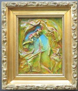 Victor Moreau, Dreams Undressed, Surreal Painting, Mixed Media, 1990s Framed: "Dreams Undressed" by Victor Moreau, late 20th century, surreal painting, mixed media on cardboard, signed on the back. The painting is 4.1/8" x 5" [10.4cm x 12.6cm]; framed in gild wooden frame 5.3/4