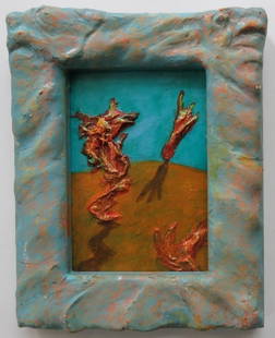 Victor Moreau, Attempt to Overbridge Internalized Dista, Surreal Painting, 1990s Framed: "Attempt to Overbridge Internalized Distancing" by Victor Moreau, late 20th century, surreal painting, mixed media on cardboard, signed on the back. The painting is 2.1/2" x 3.1/2" [35mm x 90mm]; in o