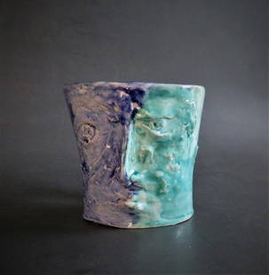 Archi Cup Sculpture, Victor Moreau, Surreal Pottery, Majolica: "Archi Cup", by Victor Moreau, pottery, blue, green and majolica glazes, can be used as cup. The cup is c. 3.1/2" [9cm] across, c.5.1/2" [14cm] wide including handle, c.3.1/2" [9cm] tall, very good co
