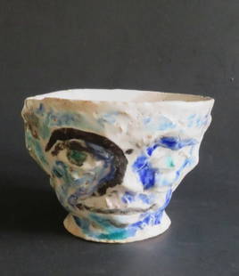 Catty Cup Sculpture, Victor Moreau, Surreal Pottery, Majolica: "Catty Cup", by Victor Moreau, pottery, blue, green and majolica glazes, can be used as cup. The cup is c.3.3/4" x 4.1/4" [10cm x 11cm] across, c.5.1/2" [14cm] wide including handle, c.3" [7.5cm] tall