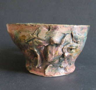 Self-Portrait Cup Sculpture, Victor Moreau, Surreal Pottery, Majolica: "Self-Portrait Cup", by Victor Moreau, pottery, blue, green and majolica glazes, can be used as cup. The cup is c.3.1/2" [9cm] across, c.4.1/2" [11.5cm] wide including handle, c.2.1/8" [5.5cm] tall, n