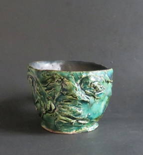 Guz Cup Sculpture, Victor Moreau, Surreal Pottery, Majolica: "Guz Cup", by Victor Moreau, pottery, blue, green and majolica glazes, can be used as cup. The cup is c.3.3/4 " x 4.1/4" [10cm x 11cm] across, c.6" [15.3cm] wide including handle, c.3" [7.5cm] tall, n