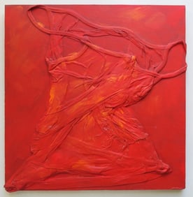 Red II, Surreal Painting on Wood, Mixed Media, 1992