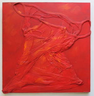 Red II, Surreal Painting on Wood, Mixed Media, 1992: "Red II" by Vadim Moroz, abstract painting on wood, mixed media [ballet dancer's shirt, resin, acrylics], 1992. This artwork is a part of the Dance-Painting project performed in Germany in 1992. The a