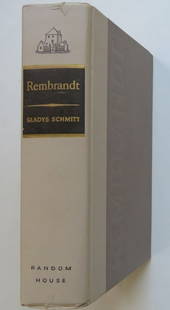 Gladys Schmitt, Rembrandt A Historical Novel, 1961: "Rembrandt" a novel by Gladys Schmitt, published by Random House, New York NY, 1961. Hard boards, 5.1/2" x 8.1/2"; former owner's book plate on the front endpaper, 657 pages, very good condition. 