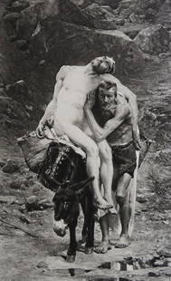 Morot, The Good Samaritan, Antique Photogravure Goupil 1881: "The Good Samaritan" from the original painting by Aime Nicolas Morot (1850-1913), genuine photogravure; engraved by Goupil, 1881; printed on heavy stock paper; signed in plate "Aime Nicolas Morot
