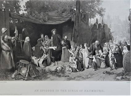Jaroslav Cermak, Episode in the Siege of Naumburg, Antique Photogravure Goupil 1881: "Episode in the Siege of Naumburg" ["Hussites before Naumburg"] after the painting by Jaroslav Cermak, photogravure engraved by Goupil, 1882; printed on heavy stock paper; signed in plate "Cermak, Pin