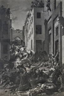 Alexandre Bida, Massacre of the Mamelukes, Antique Photogravure Goupil 1881: "Massacre of the Mamelukes" after the crayon drawing by Alexandre Bida (1823-1895), photogravure engraved by Goupil, 1882; printed on heavy stock paper; signed in plate " Alexandre Bida, Pinx." and