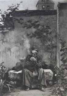 Chevilliard, Smoke After Vespers, Antique Photogravure Goupil 1881: "Smoke After Vespers" after the painting by Vincent-Jean-Baptiste Chevilliard (1841-1904), genuine photogravure; engraved by Goupil, 1881; printed on heavy stock paper; signed in plate "Chevilliard,