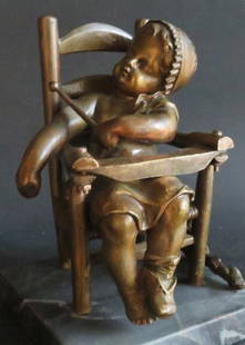 Juan Clara,Toddler in High Chair, Bronze Sculpture on Marble Base, 1910s: "Toddler falling asleep in the high chair, drum stick in the left hand". Small antique heavy bronze sculpture on marble base, unsigned, c.1910s, attributed to Juan Clara, (1875-1958, Spanish also acti