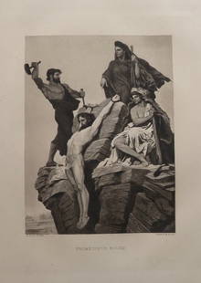 Emile Bin, Prometheus Bound, Antique Photogravure Goupil 1881: "Prometheus Bound" a genuine photogravure after the painting by Émile Jean-Baptiste Philippe Bin (1869), engraved and etched by Goupil for the American publisher Gebbie, Philadelphia, 1883; printed o