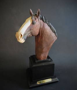 Carlos Estevez, Clydesdale Horse Sculpture Signed, Mixed Media 1990s: "Clydesdale" a bust of a brown horse, by Carlos Estevez (American, 20th / 21st century), mixed-media sculpture, signed verso, open edition. Overall 11.1/2" [29cm] tall including the base; 5" x 5" [12.