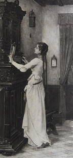 James Bertrand, Marguerite Tempted, Faust, Antique Photogravure, Goupil 1881: "Marguerite Tempted" from the original painting by James Bertrand, genuine photogravure engraved by Goupil, 1881; printed on heavy stock paper; signed in plate "James Bertrand Pinx." and "Gravure Goup
