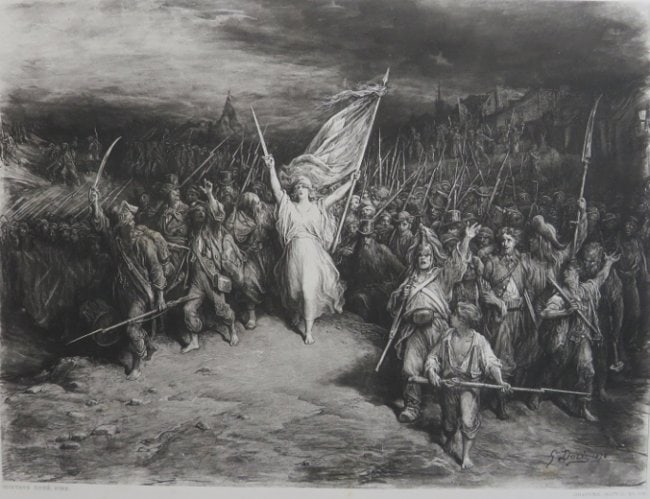 Gustave Dore, Marseillaise Hymn, Antique Photogravure, Goupil 1881: "The Marseillaise Hymn," antique photogravure after the painting by Gustave Dore, engraved by Goupil, 1881; printed on heavy stock paper; signed in design "G. Dore 1870" and in plate "Gustave Dore, Pi