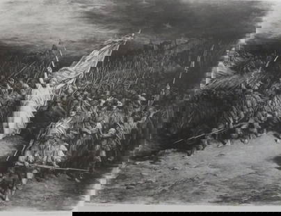 Gustave Dore, Marseillaise Hymn, Antique Photogravure, Goupil 1881: "The Marseillaise Hymn," antique photogravure after the painting by Gustave Dore, engraved by Goupil, 1881; printed on heavy stock paper; signed in design "G. Dore 1870" and in plate "Gustave Dore, Pi