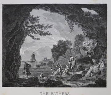 Claude Joseph Vernet, The Bathers, Antique Wood Engraving, Goupil 1881: "The Bathers" from the original painting by Claude Joseph Vernet, in the Gallery of the Louvre, genuine wood engraving from the Goupil's portfolio The Masterpieces of French Art. Such subscription