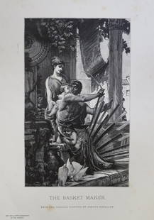 Armand Heullant, The Basket Maker, Antique Wood Engraving, Goupil 1881: "The Basket Maker" [and his family in classical Greek / Roman setting] from the original painting by Armand Heullant, genuine wood engraving from the Goupil's portfolio The Masterpieces of French