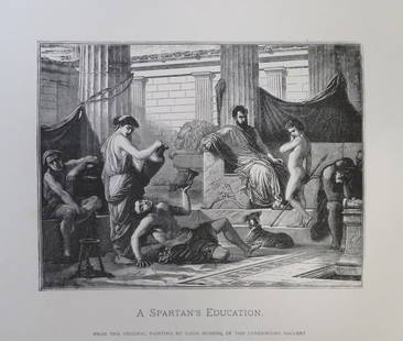 Luigi Mussini, Spartan Education, Antique Wood Engraving, Goupil 1881: "Spartan Education" from the original painting by Louis [Luigi] Mussini, genuine wood engraving from the Goupil's portfolio The Masterpieces of French Art. Such subscription portfolios, each