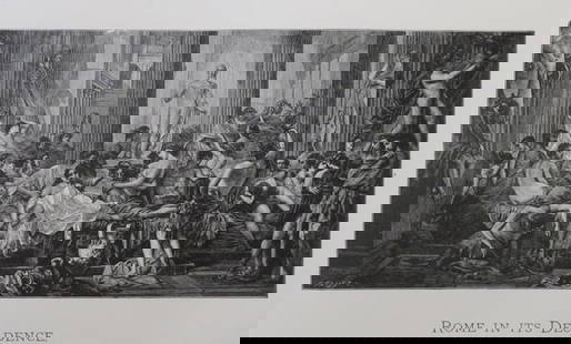 Thomas Couture, Romans in their Decadence, Antique Wood Engraving, Goupil 1881: "Rome in Its Decadence" from the original painting by Thomas Couture, genuine wood engraving by F. Faust, signed in plate "F. Faust sc." at the bottom left corner, from the Goupil's portfolio The Mast