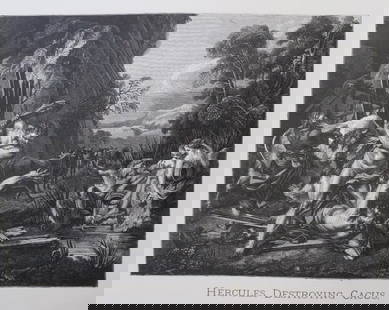 Francois Le Moyne, Hercules Destroying Cacus, Antique Wood Engraving, Goupil 1881: "Hercules Destroying Cacus" from the original painting by Francois Le Moine, genuine wood engraving from the Goupil's portfolio The Masterpieces of French Art. Such subscription portfolios, each conta