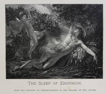 Girodet-Troison, The Sleep of Endymion, Antique Wood Engraving, Goupil 1881: "The Sleep of Endymion" from the original painting by Girodet-Troison; genuine wood engraving from the Goupil's portfolio The Masterpieces of French Art. Such subscription portfolios, each containing