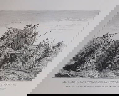 Louis Leopold Robert, Arrival of the Reapers, Antique Wood Engraving, Goupil 1881: "The Arrival of the Reapers in the Pontine Marshes" from the original painting by Louis Leopold Robert, genuine wood engraving from the Goupil's portfolio The Masterpieces of French Art. Such subscrip