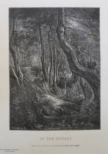 Eugene Desjobert, In the Forest, Antique Wood Engraving, Goupil 1881: "In the Forest" [Under the Woods] from the original painting by Louis Remy Eugene Desjobert (1817-1863), genuine wood engraving signed in plate by the engraver ["D. Lancelot"] The plate comes from the