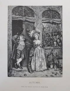 Charles Henri Pille, Autumn, Antique Wood Engraving, Goupil 1881: "Autumn" from the original painting by Henri Pille, genuine wood engraving designed by Adolphe Jules Marie Lavee (1837-1888), engraved by J. Robert. Signed in plate "J. Robert Sculpt" and "Jules Lavee