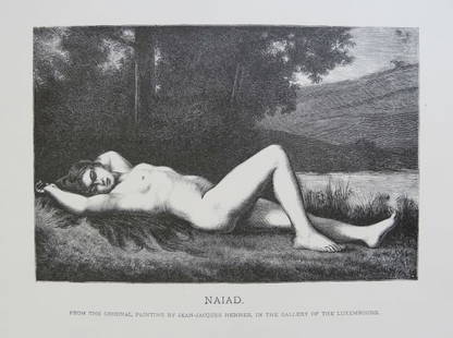 Jean-Jacques Henner, Naiad, Antique Wood Engraving, Goupil 1881: "Naiad" from the original painting by Jean-Jacques Henner, genuine wood engraving, comes from the Goupil's portfolio The Masterpieces of French Art. Such subscription portfolios, each containing a few