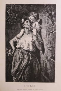 Alfred Loudet, The Kiss, Antique Wood Engraving, Goupil 1881: "The Kiss" from the original painting by Alfred Loudet [misprint "Alfred Loulet" in the inscription under the plate], genuine wood engraving from the Goupil's portfolio The Masterpieces of French Art.