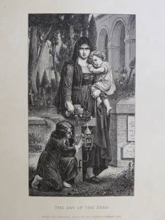 Pierre Cot, All Souls Day at the Camposanto, Pisa, Antique Wood Engraving, Goupil 1881: "The Day of the Dead" [All Souls' Day at the Camposanto, Pisa] from the original painting by Pierre Auguste Cot genuine wood engraving from the Goupil's portfolio The Masterpieces of French Art. Such