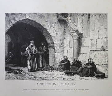 Leon Joseph Bonnat, Street in Jerusalem, Antique Wood Engraving, Goupil 1881: "A Street in Jerusalem" from the original painting by Leon Joseph Bonnat genuine wood engraving signed and dated in plate by the engraver ["J. Robert, sc. 1872"]. The plate comes from the Goupil's por
