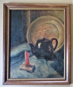 E.G. Fisher, Stll Life, Tea Pot & Candle, Oil Painting on Canvas Board, Framed, 1930s