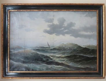 Sailing Vessel on Stormy Sea, Oil Painting on Canvas, 1870s, Marine Art, Framed