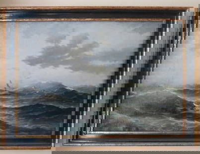 Sailing Vessel on Stormy Sea, Oil Painting on Canvas, 1870s, Marine Art, Framed: "Sailing Vessel on Stormy Sea" original antique oil painting on stretched canvas, signed on the lower right corner [unidentified signature], 1870s-1880s, European, maritime, marine art in antique wood