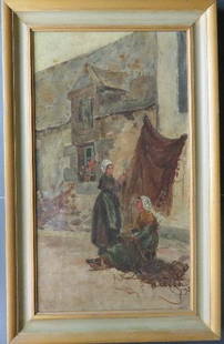 Mariquita Gill, Fisher Girls at Giverny 1894 Oil Painting on Canvas, Framed: "Fisher Girls at Giverny" [Normandy, France], by Mariquita S. Gill ,double signature and date "M.Gill 94/ S.M.Gill 94", oil on stretched canvas, framed. Oil on stretched canvas, 14" x 25" [36.5cm x 63