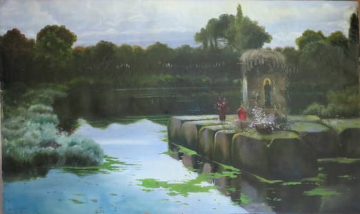 Funcke, Romantic Landscape after E. Serra, 1907 Oil Painting on Canvas: "Romantic Landscape with Ruins of a Catholic chapel", by M. von Funcke, original oil panting on canvas; signed in the lower left corner "Nach E. Serra / M.v. Funcke, 1907" Oil on stretched canvas, 23.