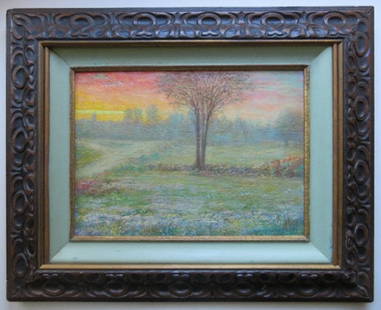 Maud Purdy, Impressionist Landscape Oil Painting, Signed 1957, Framed: "Riemer Farm" Impressionist landscape, by Maud Helen Purdy, oil on cardboard; signed "Maud H. Purdy" and "1957" at the lower right corner, original frame. Small label on the back states "Maud Purdy's