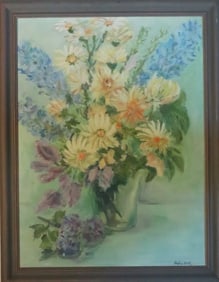 Daphne Elliott, Still Life, Flower Bouquet, Oil Painting on Canvas, 1960s, Framed