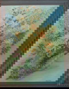 Daphne Elliott, Still Life, Flower Bouquet, Oil Painting on Canvas, 1960s, Framed: "Flower Bouquet" by Daphne Elliott, vintage oil painting on stretched canvas, 1960s-1970s, signed, Impressionist / Mid-Century Modern still life in mild pastel colors, wooden frame. The canvas is 18"