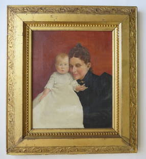Woman With Child Portrait, Oil Painting on Canvas, 1890s-1900s, Framed: "Woman with Child" antique portrait painting, oil on stretched canvas, 1990s-1900s, unsigned, original antique wooden frame. The painting is 12.1/4" x 10.1/4" [31.2cm x 26cm]. The wooden frame is c.17