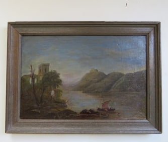 Romantic Rhine Landscape, Oil Painting 1820s-1840s, Germany, Framed