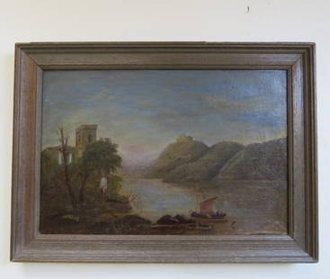 Romantic Rhine Landscape, Oil Painting 1820s-1840s, Germany, Framed: "Romantic Rhine Landscape with Ruins", antique oil painting on stretched canvas, unsigned, Germany, 1820s-1840s. The painting is 18" x 12" [45.6cm x 30.5cm]; multiple surface damages [the loss of pain