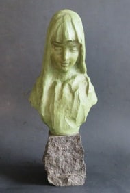 Ernest Patris, Girl Sculpture, 1940s, Signed, Brussels, Terracotta on Stone Base