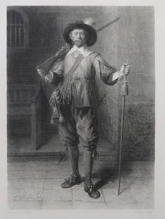 Madou, The Arquebusier, 1873 Steel Engraving by Meunier, Hess 1880s: "The Arquebusier" after the painting by Jean-Baptiste Madou; original 1880s steel engraving by Jean Baptiste Meunier, signed and dated in plate "Madou. 1860" the names of artists closely below the ima