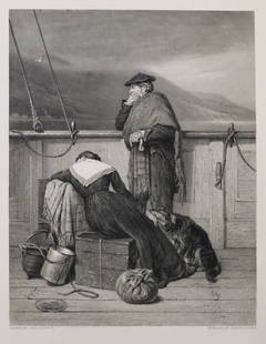 John Nicol, Lochaber No More, Steel Engraving Charles Cousen, Hess 1880s: "Lochaber No More" after the painting by John Watson Nicol, original 1880s steel engraving by Charles Cousen; the names of artists are imprinted closely below the image, "Painted By J. Watson Nicol "