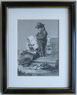 Gabe, Childrens Offering, 1880s, Steel Engraving Smith, Hess 1880s, Framed: "The Children's Offering" (detail) by Nicholas-Edward Gabe, original steel engraving by Samuel S. Smith. The steel plate was engraved for the "Art Journal" in 1877, reused by Virtue & Co., London,