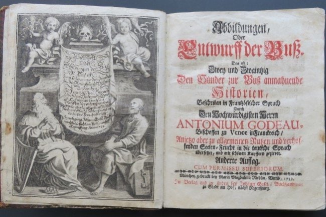 Antoine Godeau, Tableaux de Penitence in German 1739, 19 Woodcut Plates: German translation of Antoine Godeau's "Les Tableaux de la Penitence" (1654) printed in Munich by Maria Magdalena Rieblin for the Publisher and Book Dealer Johann Gastl, City at Hof, near Regensburg,
