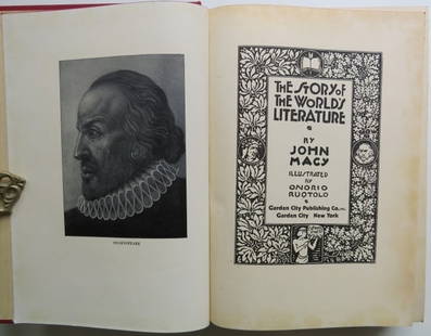 Macy, Story of Worlds Literature, 1932, Onorio Ruotolo illustrations: "The Story of the World's Literature" by John Macy; illustrated by Onorio Ruotolo, Revised Edition published by Garden City Company, Garden City, NY, 1932. Hard boards, original brick-red cloth with